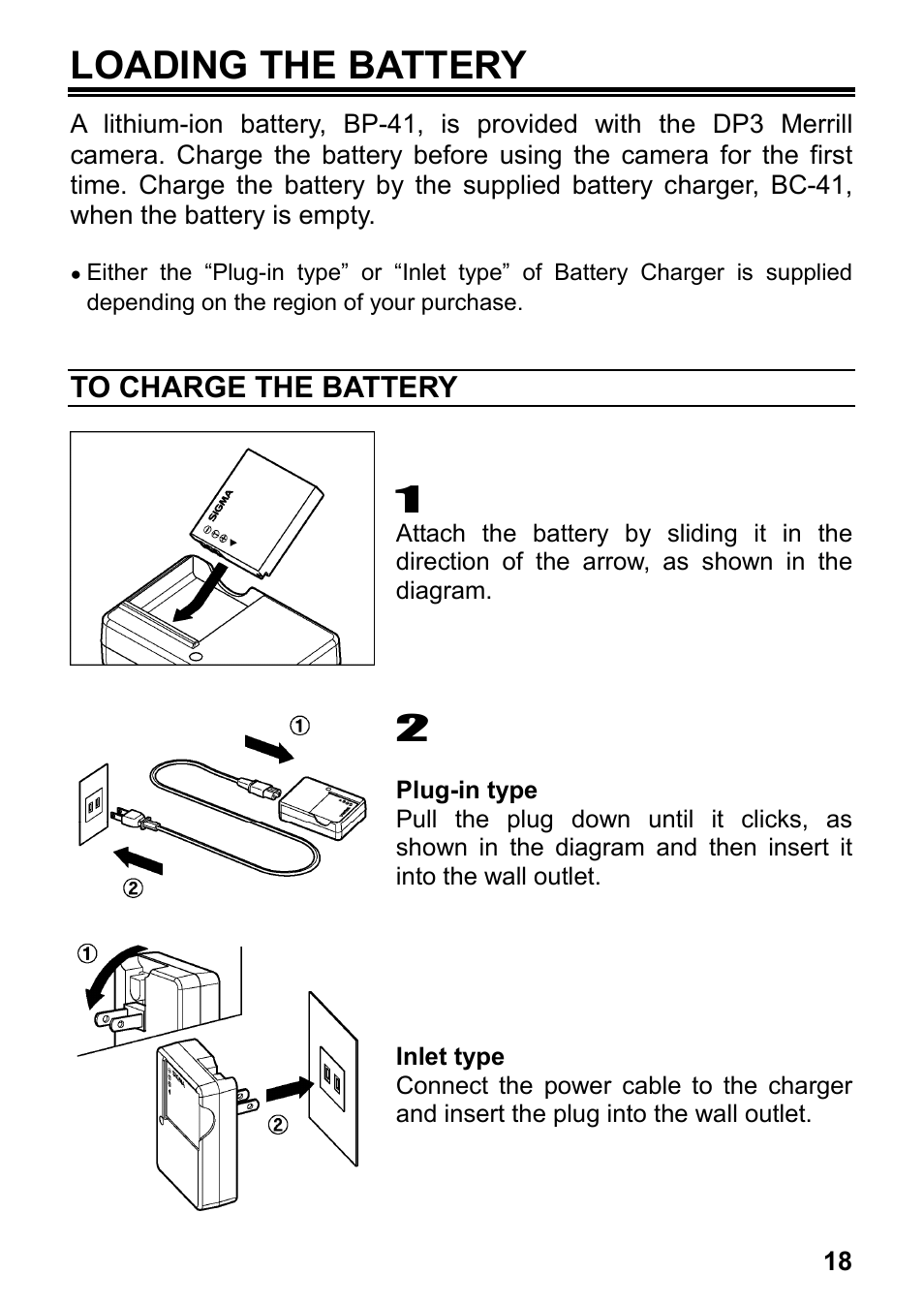 Loading the battery | SIGMA DP3 Merrill User Manual | Page 19 / 130