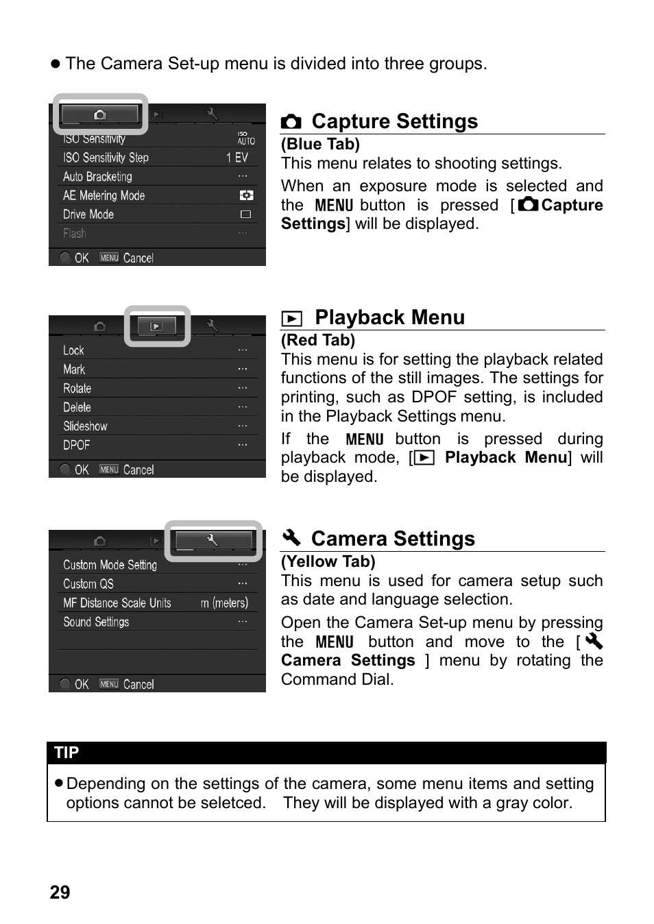 Capture settings, Playback menu, Camera settings | SIGMA DP3 Merrill User Manual | Page 30 / 130