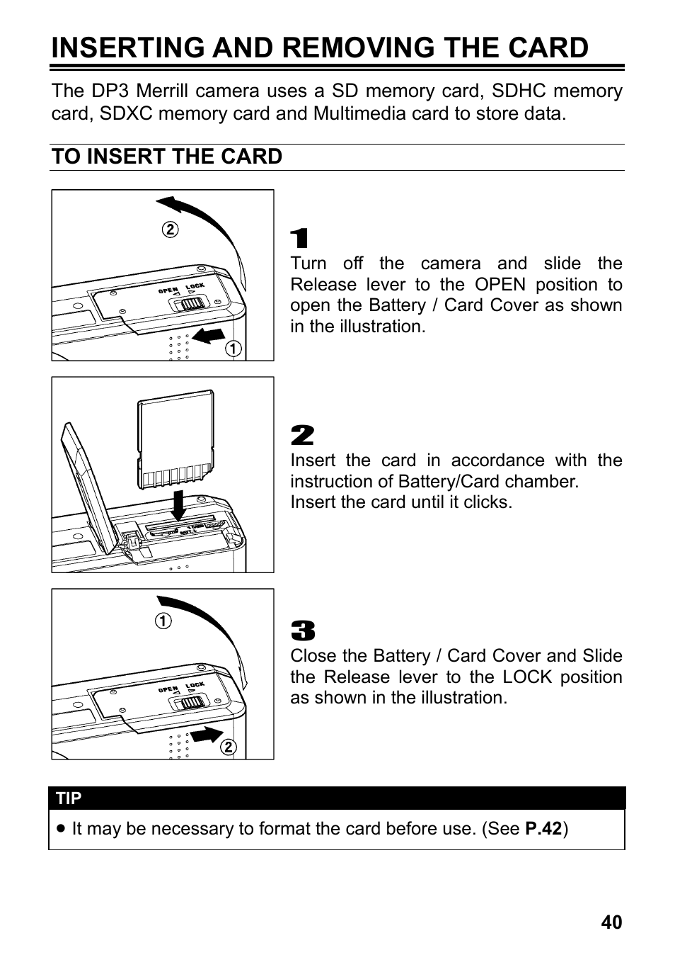 Inserting and removing the card | SIGMA DP3 Merrill User Manual | Page 41 / 130