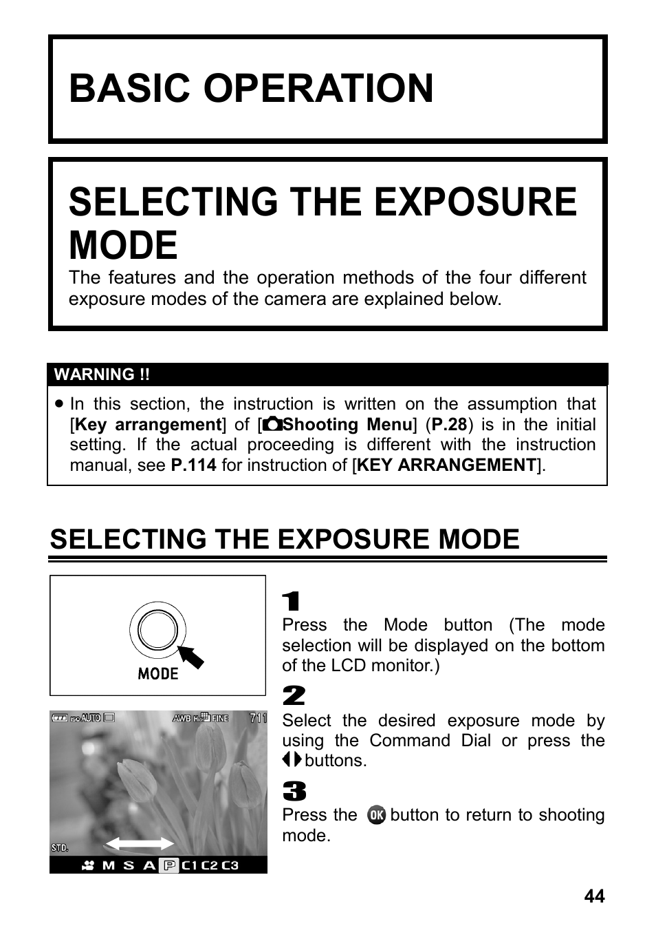 Basic operation, Selecting the exposure mode | SIGMA DP3 Merrill User Manual | Page 45 / 130