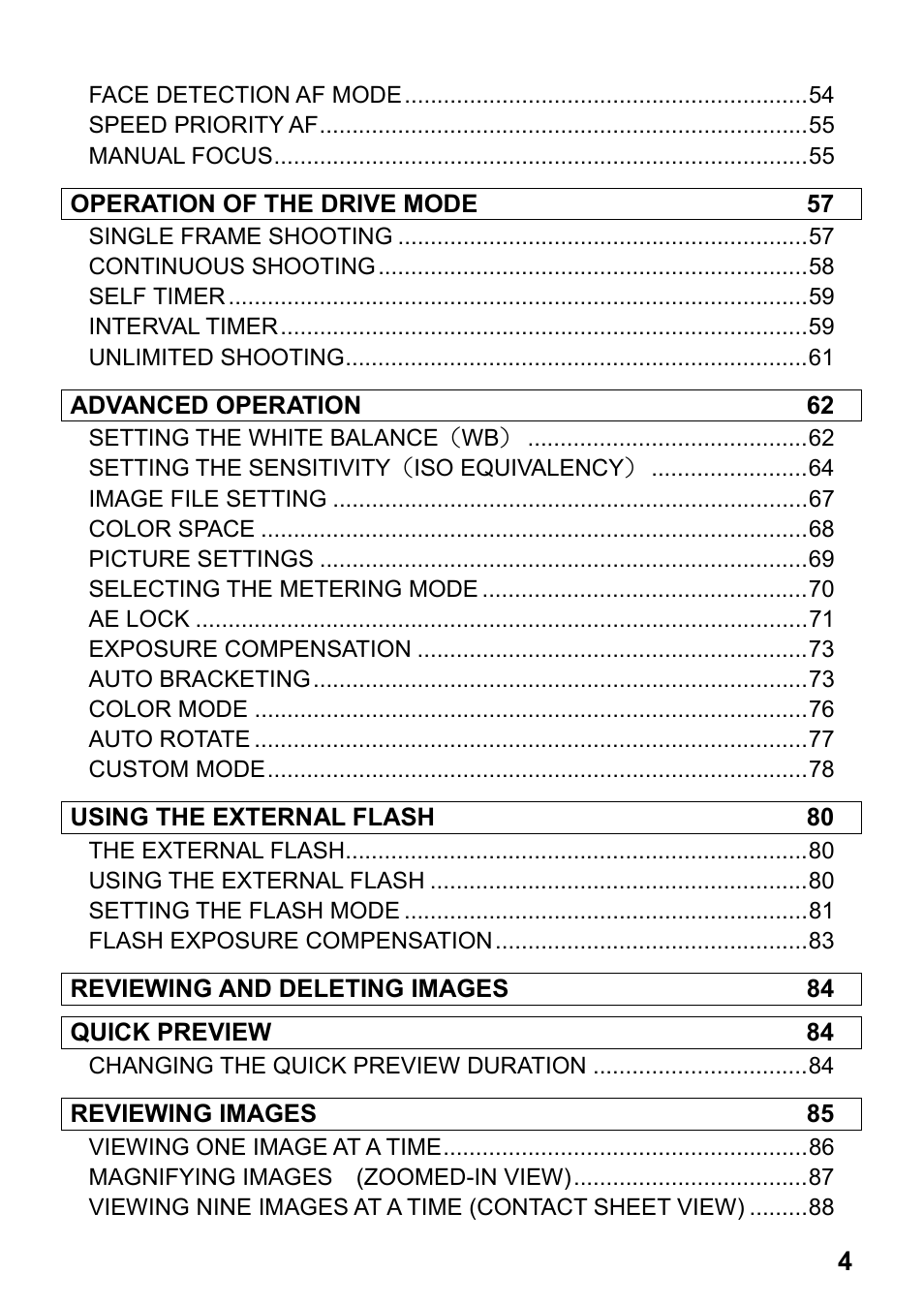 Operation of the drive mode 57, Advanced operation 62, Using the external flash 80 | Reviewing and deleting images 84, Quick preview 84, Reviewing images 85 | SIGMA DP3 Merrill User Manual | Page 5 / 130