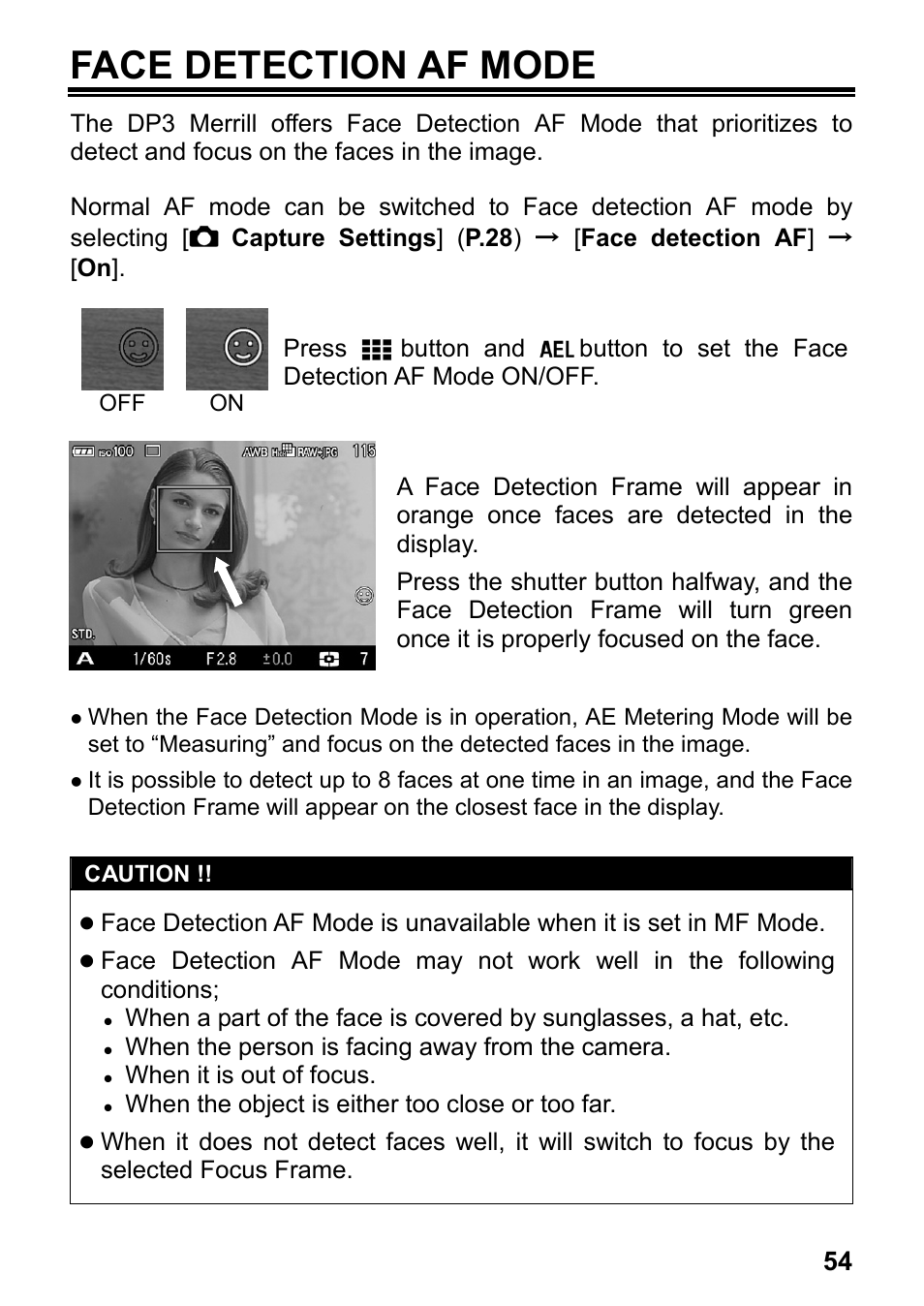 Face detection af mode, When the person is facing away from the camera, When it is out of focus | When the object is either too close or too far | SIGMA DP3 Merrill User Manual | Page 55 / 130