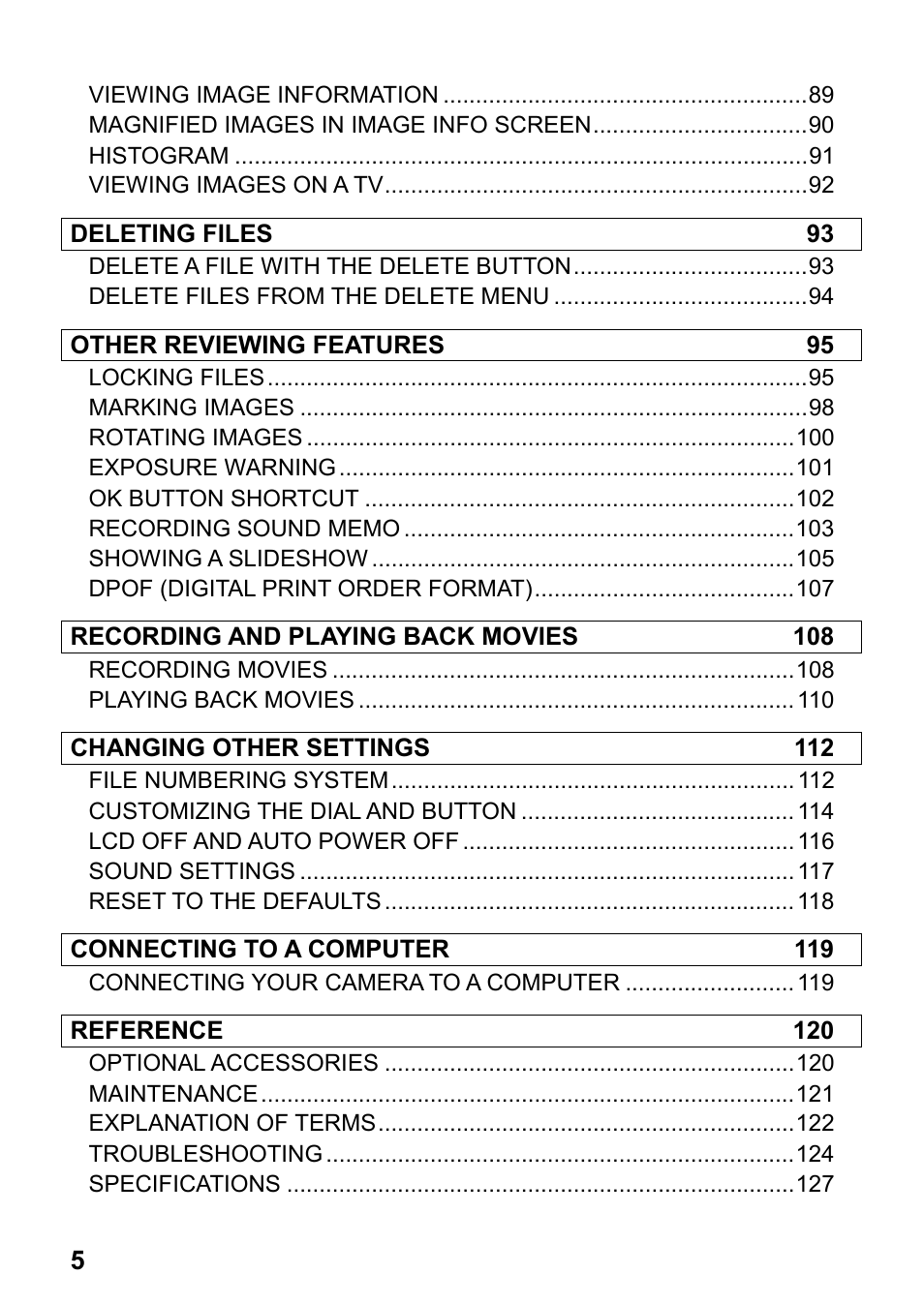 Deleting files 93, Other reviewing features 95, Recording and playing back movies 108 | Changing other settings 112, Connecting to a computer 119, Reference 120 | SIGMA DP3 Merrill User Manual | Page 6 / 130