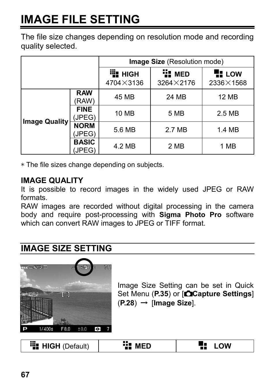 Image file setting, Image size setting | SIGMA DP3 Merrill User Manual | Page 68 / 130