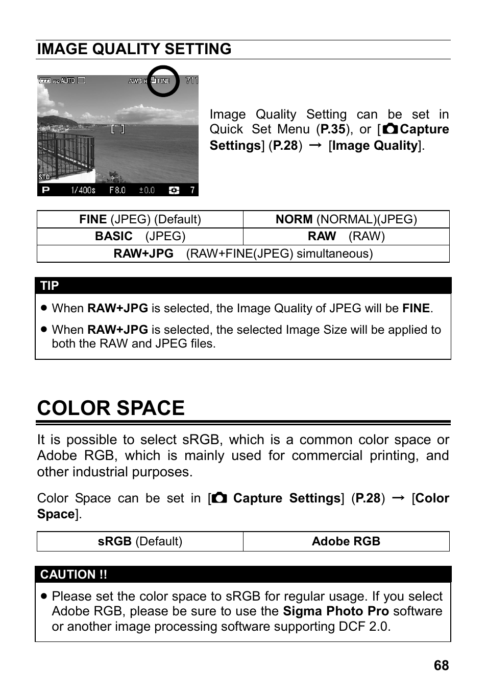 Color space, Image quality setting | SIGMA DP3 Merrill User Manual | Page 69 / 130