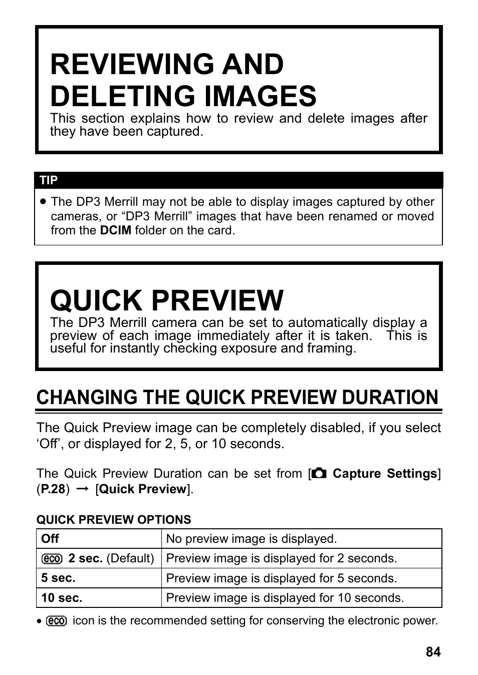 Reviewing and deleting images, Quick preview, Changing the quick preview duration | SIGMA DP3 Merrill User Manual | Page 85 / 130