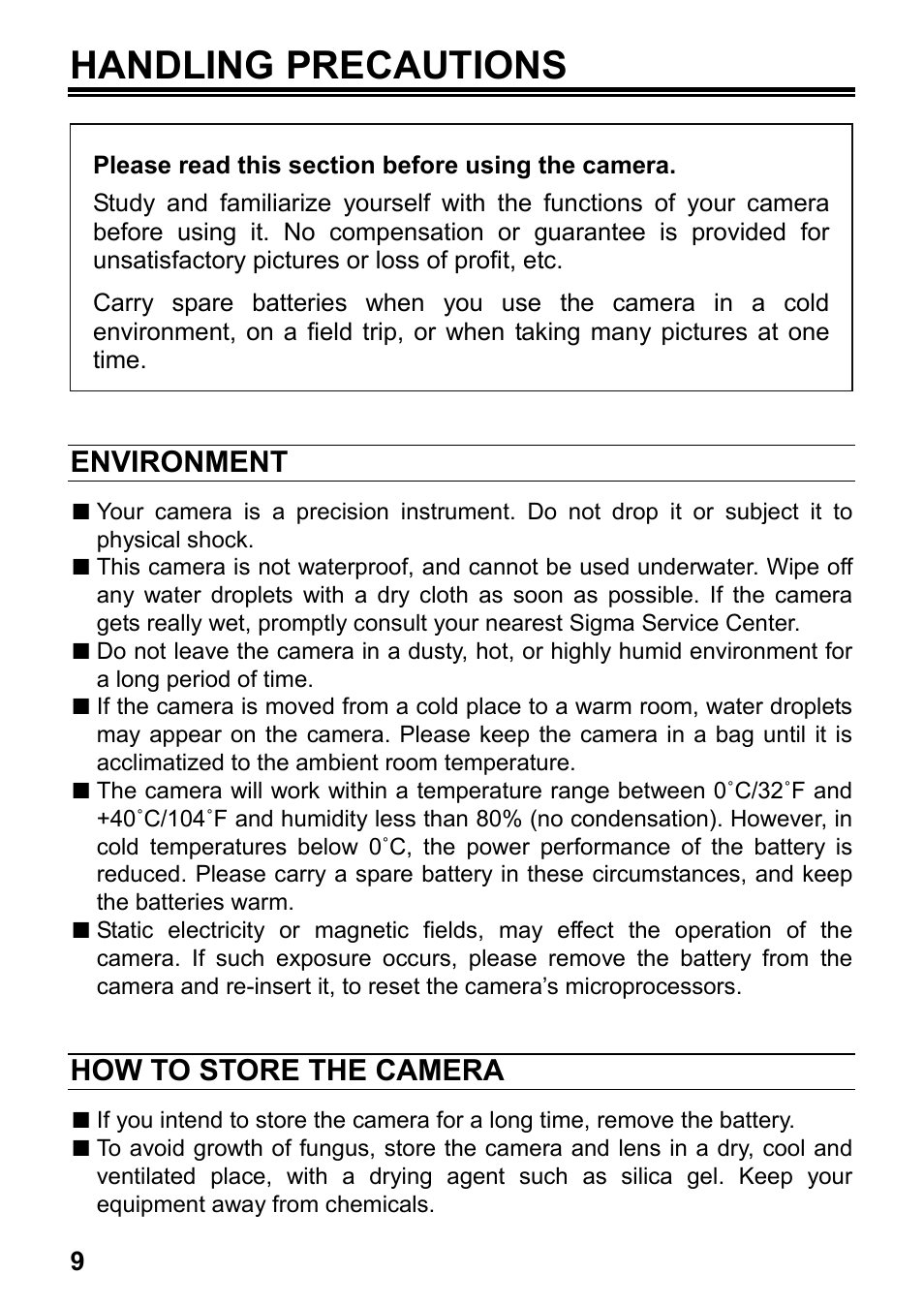 Handling precautions, Environment, How to store the camera | SIGMA DP2x User Manual | Page 10 / 123