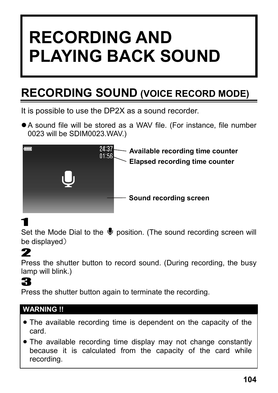 Recording and playing back sound, Recording sound | SIGMA DP2x User Manual | Page 105 / 123