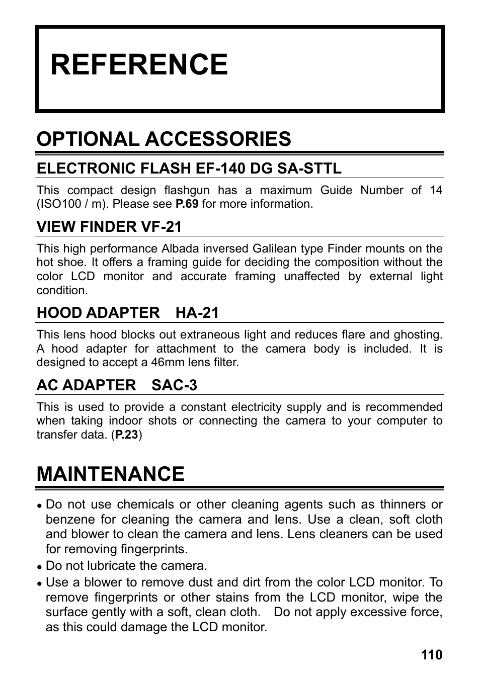 Reference, Optional accessories, Maintenance | SIGMA DP2x User Manual | Page 111 / 123