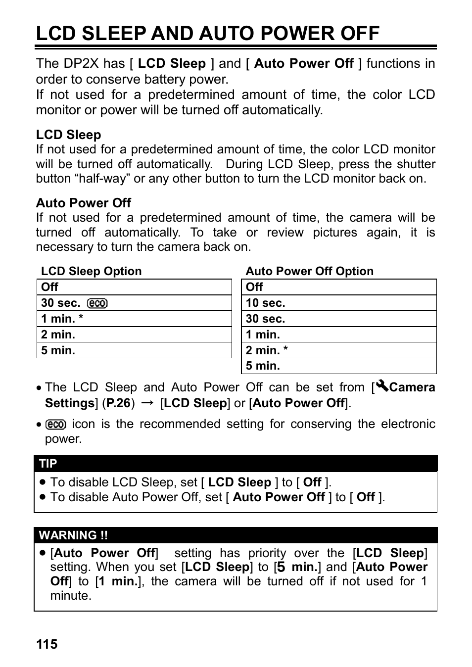 Lcd sleep and auto power off | SIGMA DP2x User Manual | Page 116 / 123