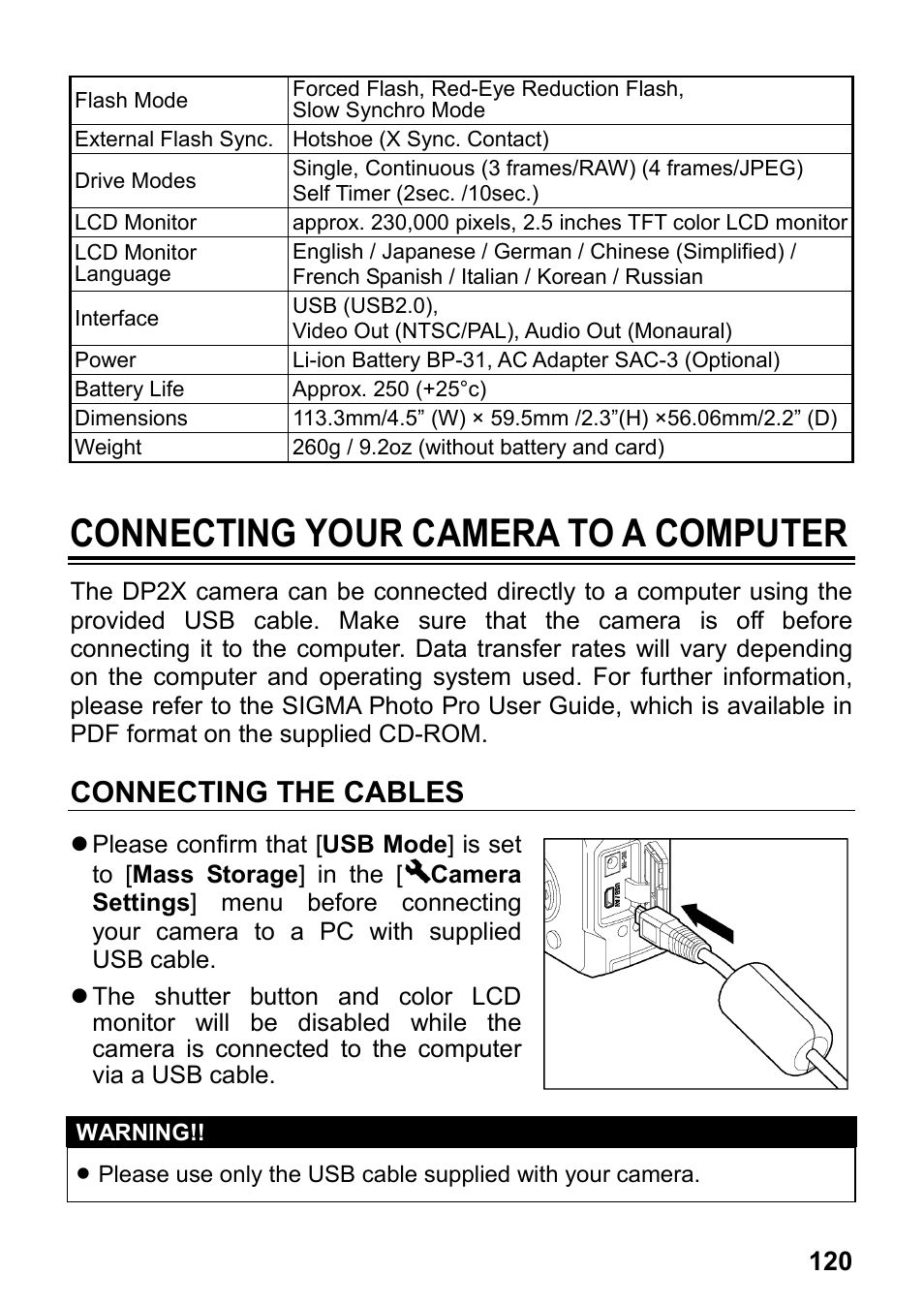 Connecting your camera to a computer, Connecting the cables | SIGMA DP2x User Manual | Page 121 / 123