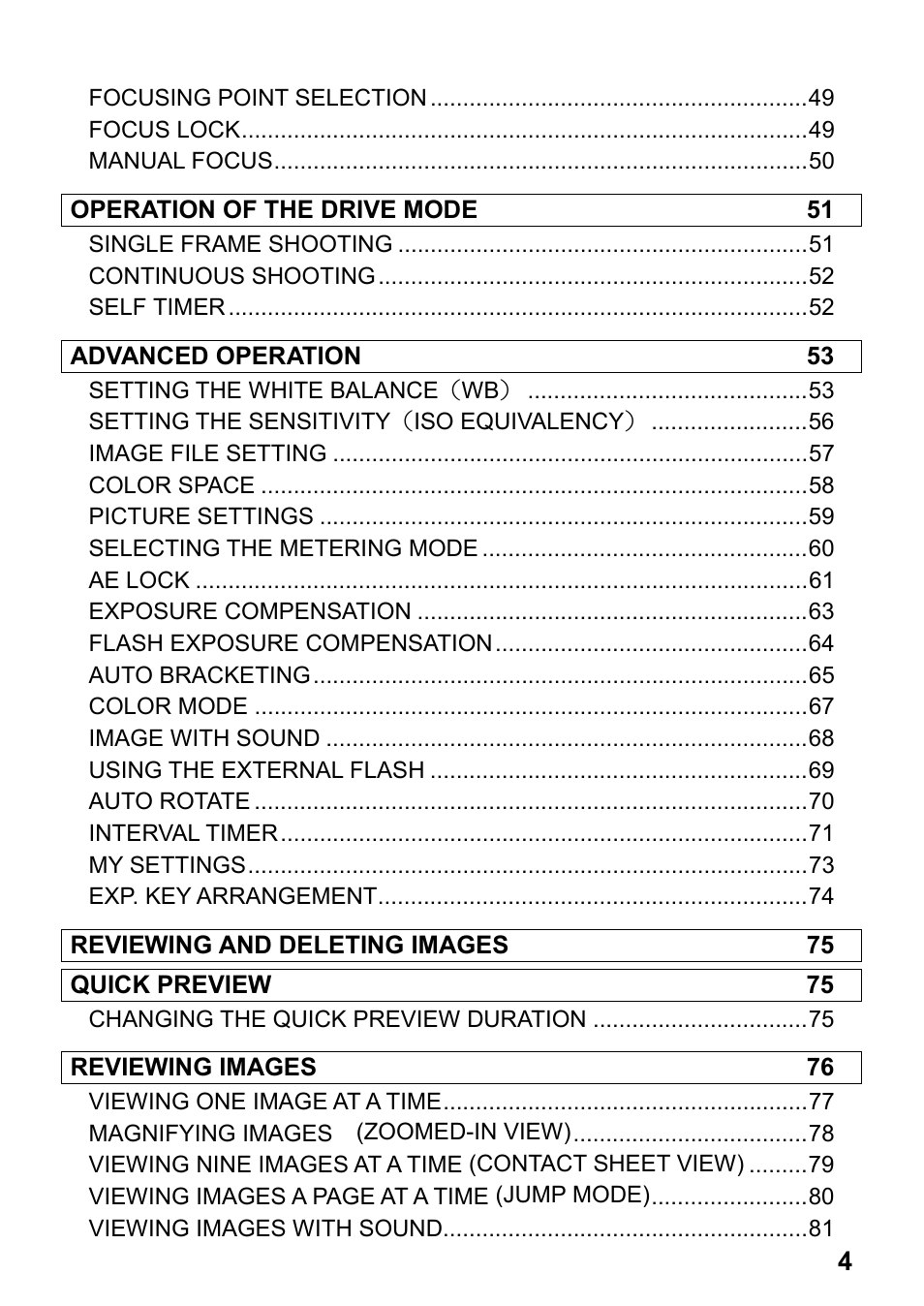 Operation of the drive mode 51, Advanced operation 53, Reviewing and deleting images 75 | Quick preview 75, Reviewing images 76 | SIGMA DP2x User Manual | Page 5 / 123