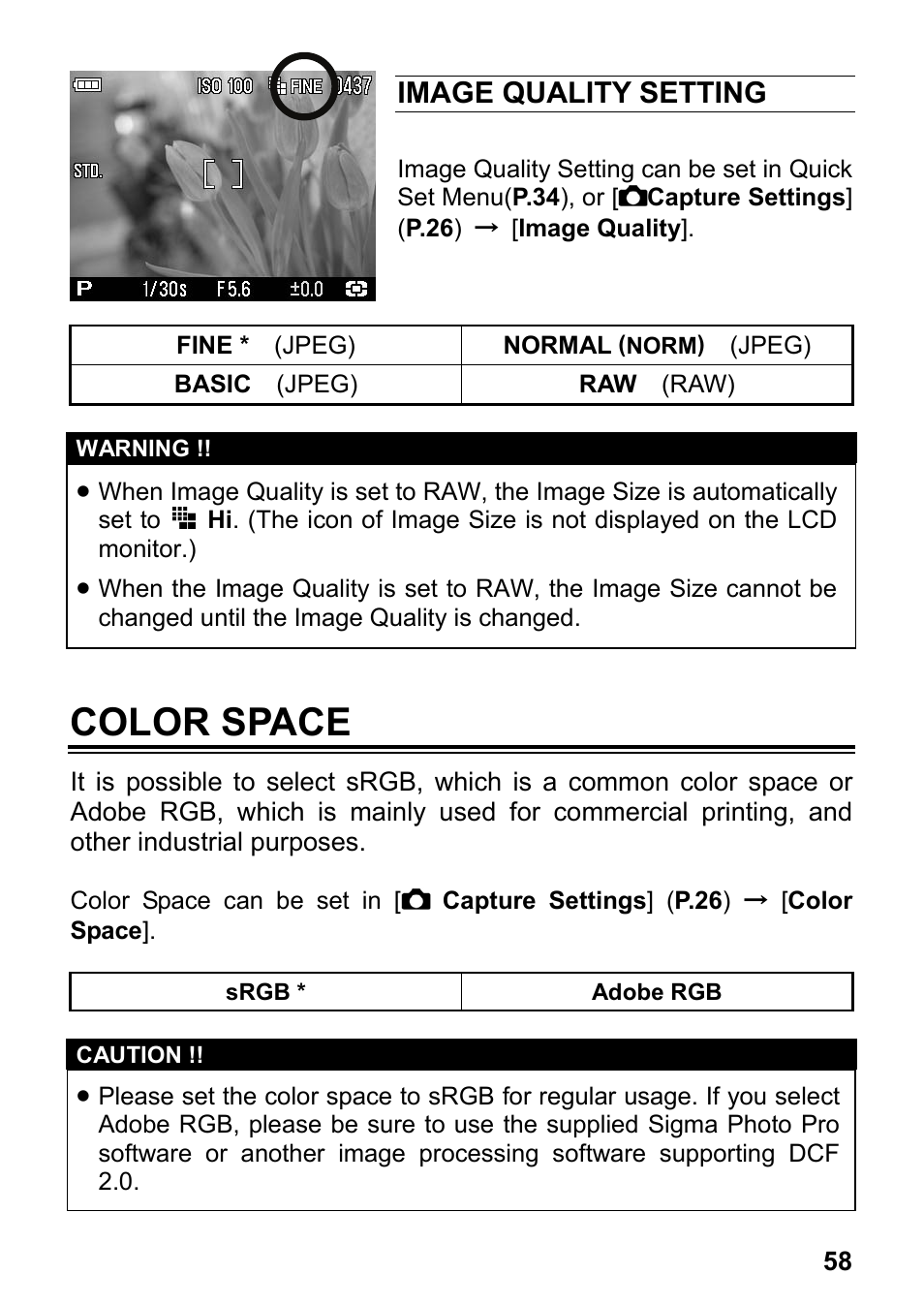 Color space, Image quality setting | SIGMA DP2x User Manual | Page 59 / 123