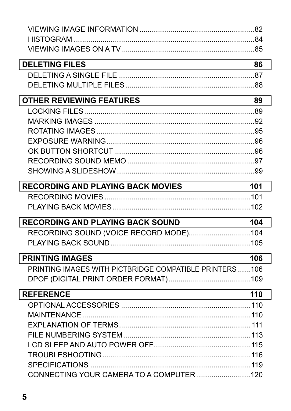 Deleting files 86, Other reviewing features 89, Recording and playing back movies 101 | Recording and playing back sound 104, Printing images 106, Reference 110 | SIGMA DP2x User Manual | Page 6 / 123