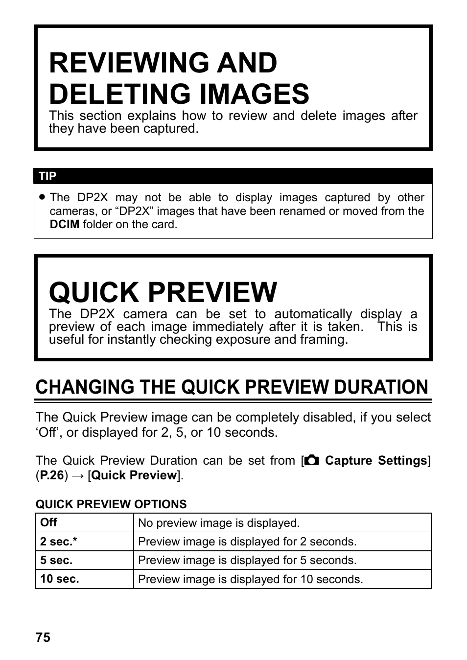 Reviewing and deleting images, Quick preview, Changing the quick preview duration | SIGMA DP2x User Manual | Page 76 / 123