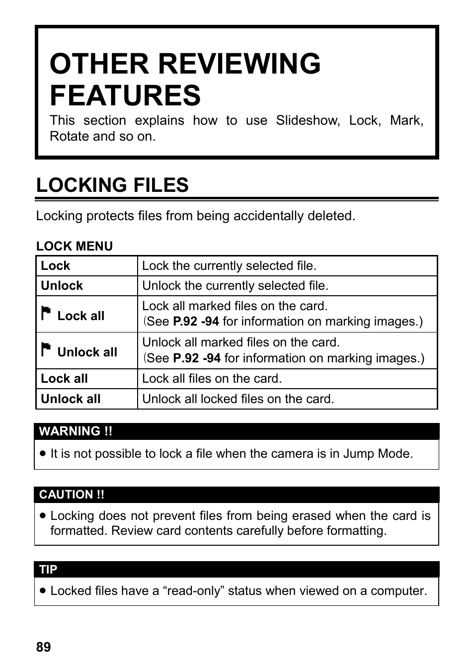 Other reviewing features, Locking files | SIGMA DP2x User Manual | Page 90 / 123