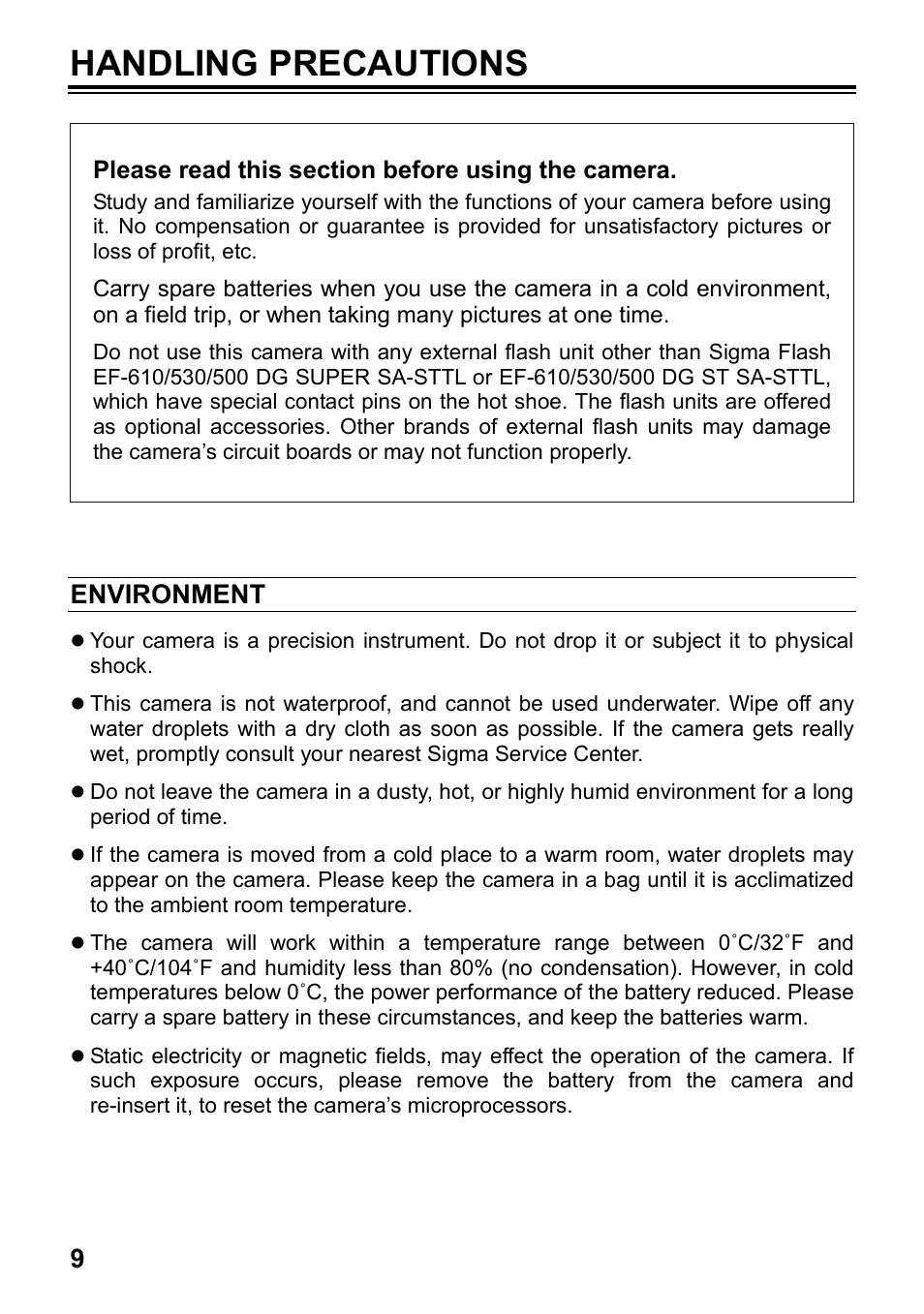 Handling precautions, Environment | SIGMA SD1 User Manual | Page 10 / 129