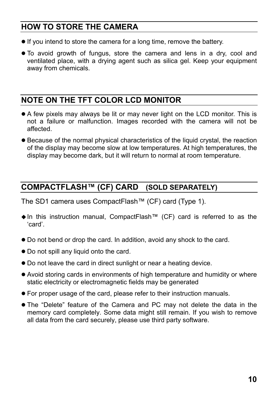 How to store the camera, Compactflash™ (cf) card | SIGMA SD1 User Manual | Page 11 / 129