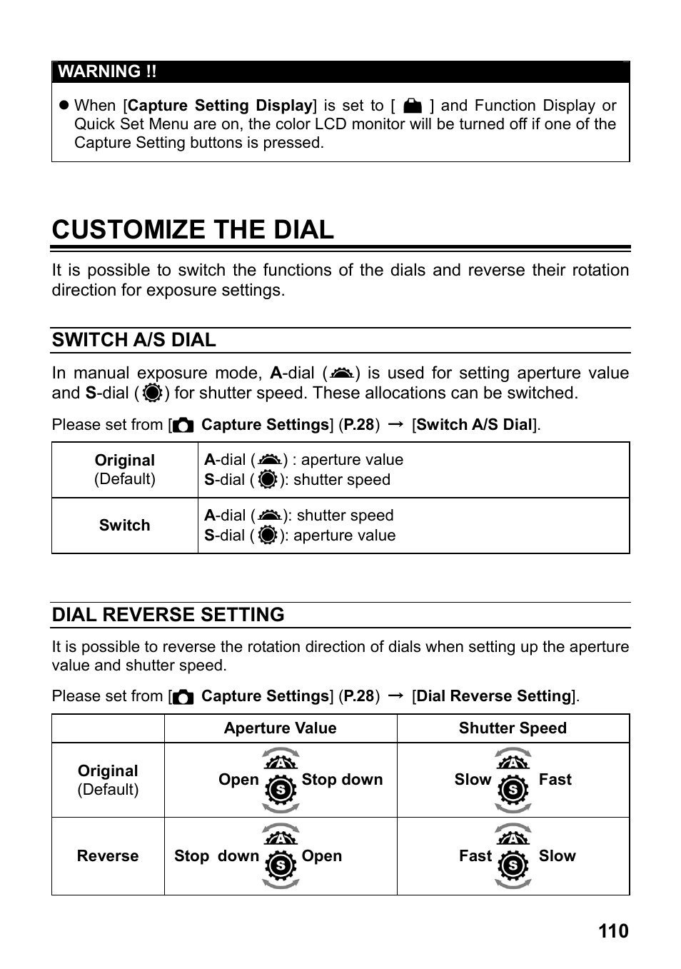 Customize the dial, Switch a/s dial, Dial reverse setting | SIGMA SD1 User Manual | Page 111 / 129