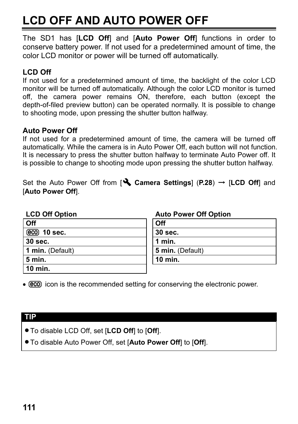 Lcd off and auto power off | SIGMA SD1 User Manual | Page 112 / 129