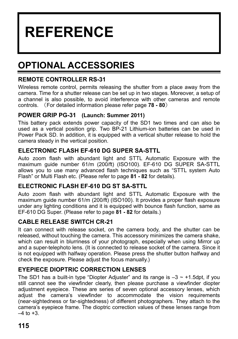 Reference, Optional accessories | SIGMA SD1 User Manual | Page 116 / 129