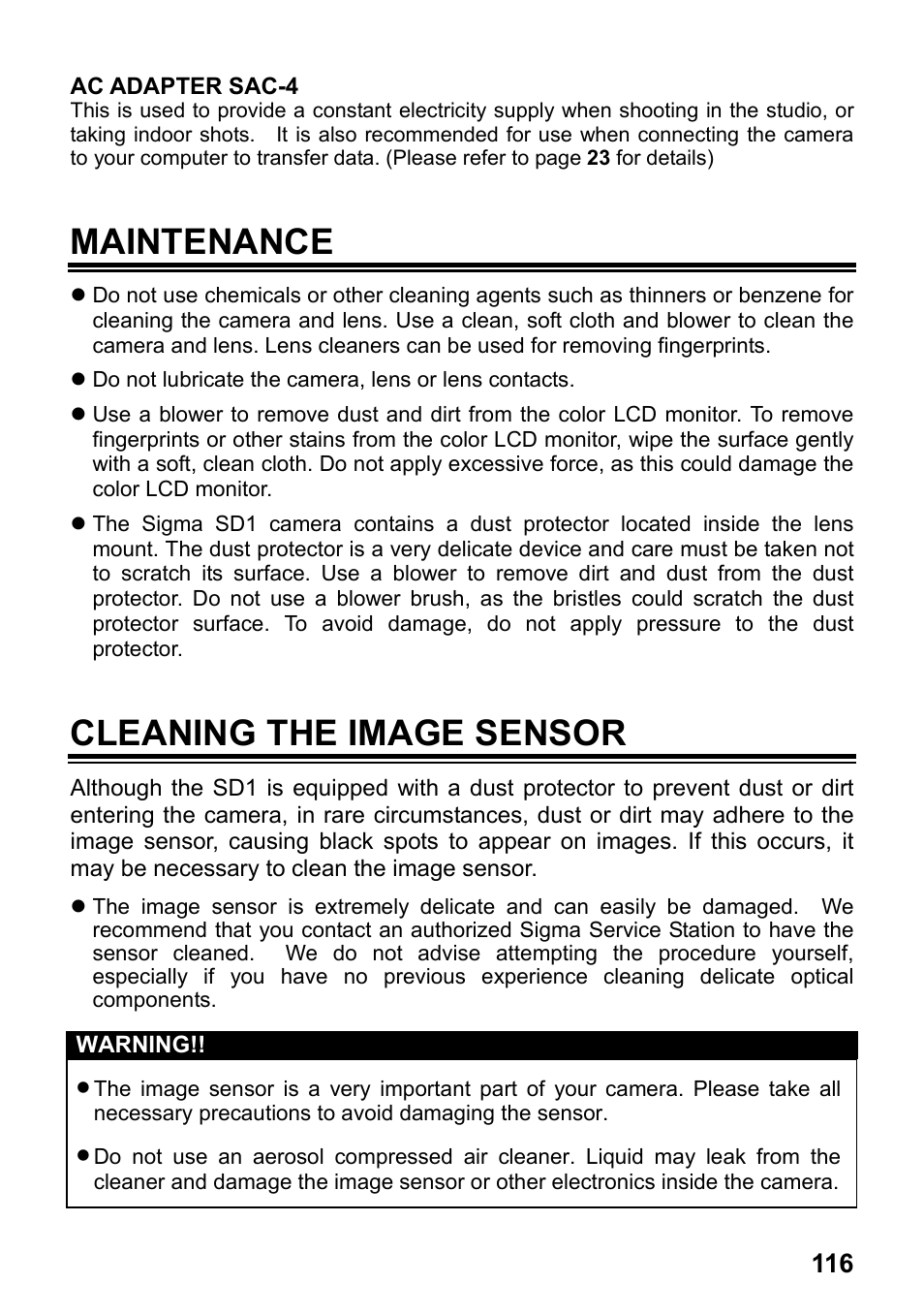 Maintenance, Cleaning the image sensor | SIGMA SD1 User Manual | Page 117 / 129