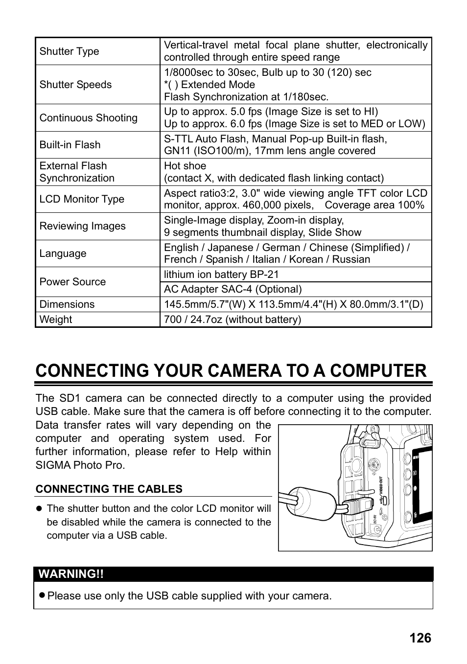 Connecting your camera to a computer | SIGMA SD1 User Manual | Page 127 / 129