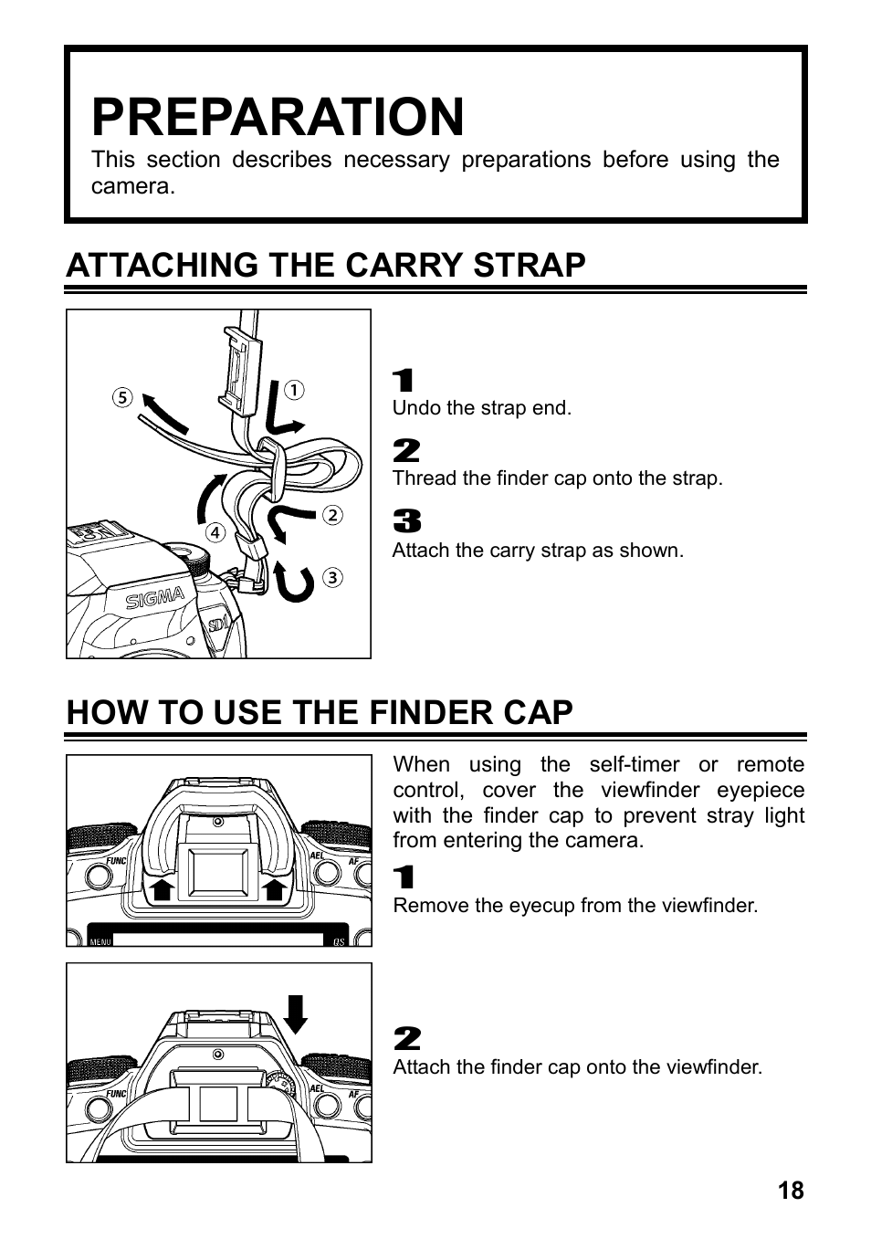Preparation, Attaching the carry strap, How to use the finder cap | SIGMA SD1 User Manual | Page 19 / 129