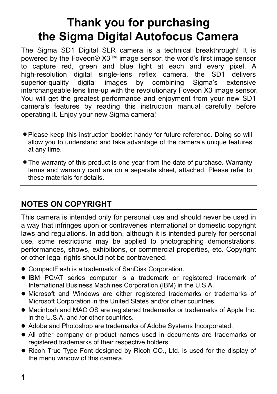 SIGMA SD1 User Manual | Page 2 / 129