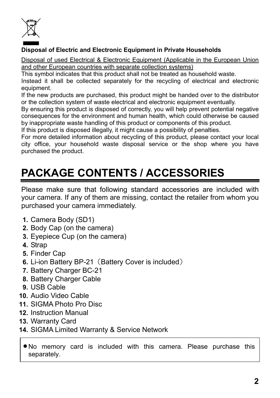 Package contents / accessories | SIGMA SD1 User Manual | Page 3 / 129