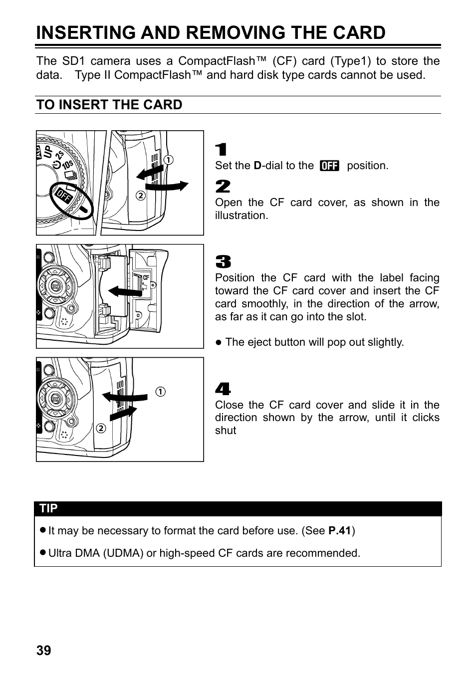 Inserting and removing the card | SIGMA SD1 User Manual | Page 40 / 129