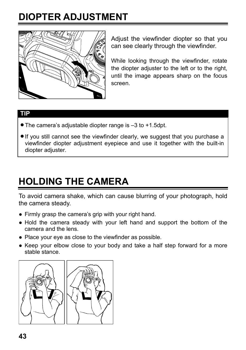 Diopter adjustment, Holding the camera | SIGMA SD1 User Manual | Page 44 / 129