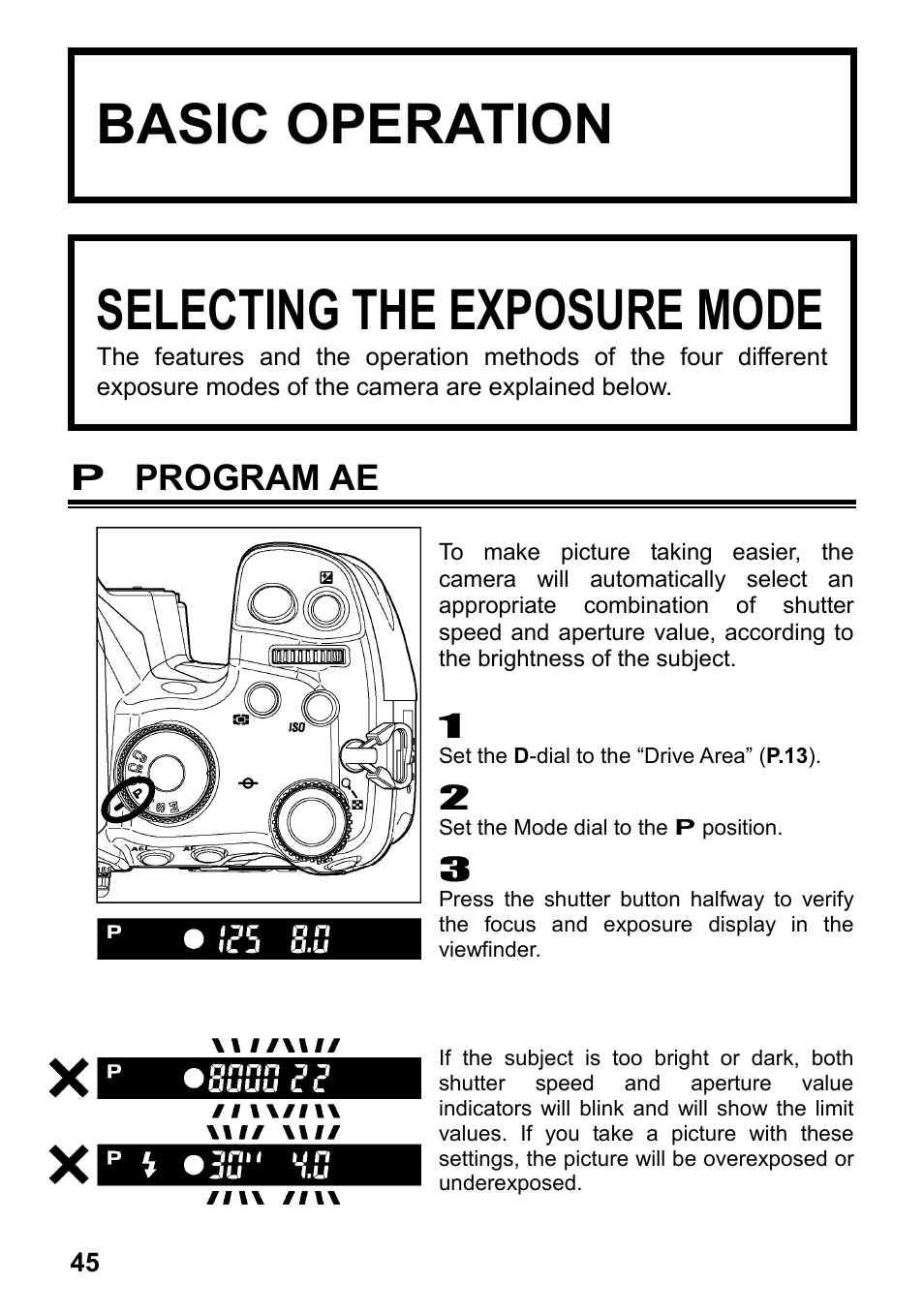 Basic operation, Selecting the exposure mode, P program ae | SIGMA SD1 User Manual | Page 46 / 129