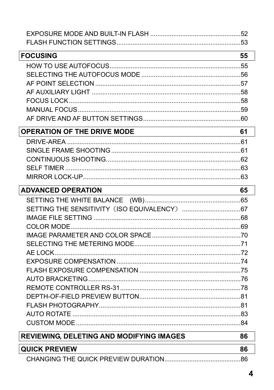 Focusing 55, Operation of the drive mode 61, Advanced operation 65 | Reviewing, deleting and modifying images 86, Quick preview 86 | SIGMA SD1 User Manual | Page 5 / 129