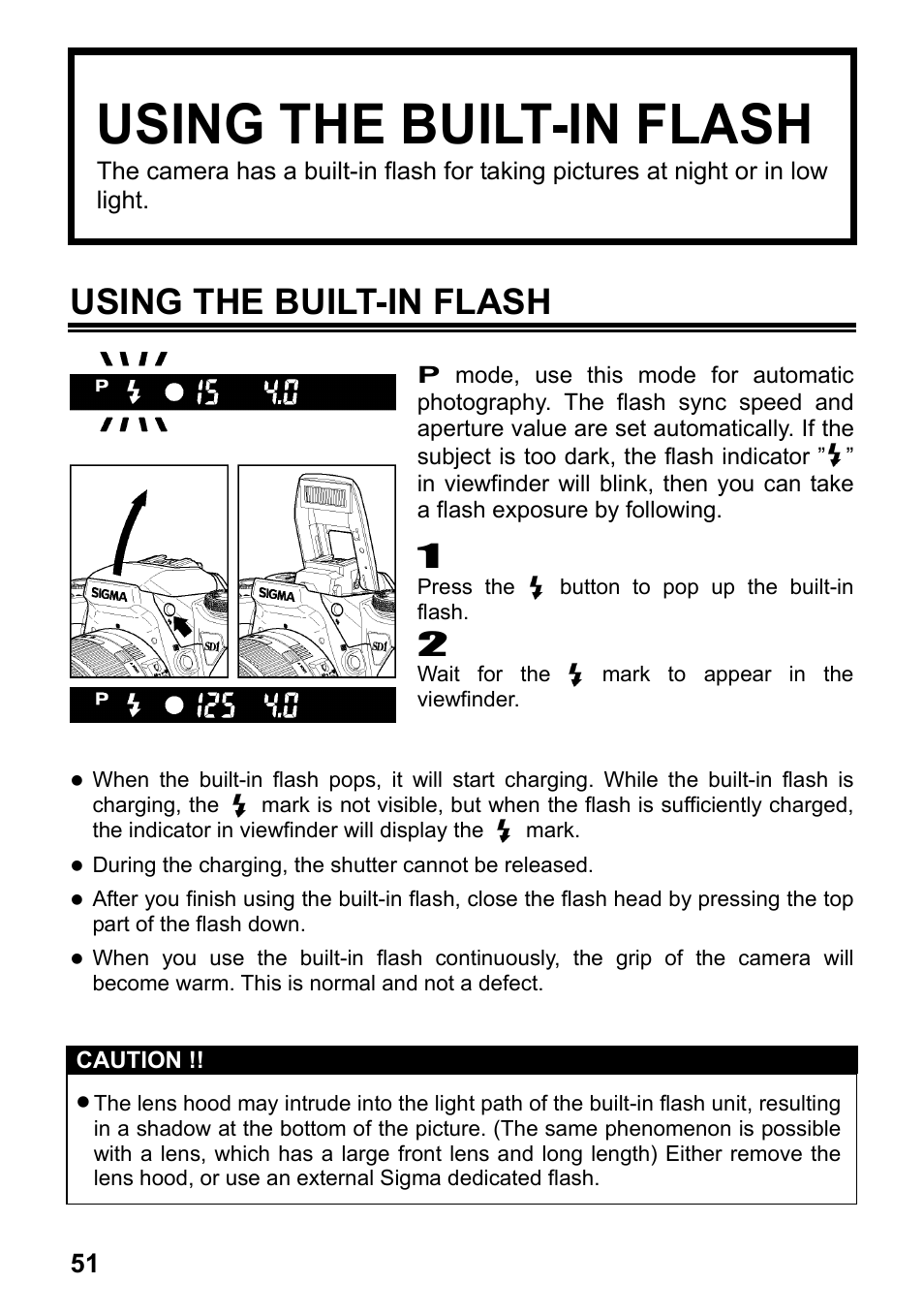 Using the built-in flash | SIGMA SD1 User Manual | Page 52 / 129