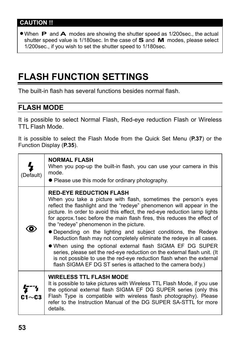 Flash function settings, Flash mode | SIGMA SD1 User Manual | Page 54 / 129
