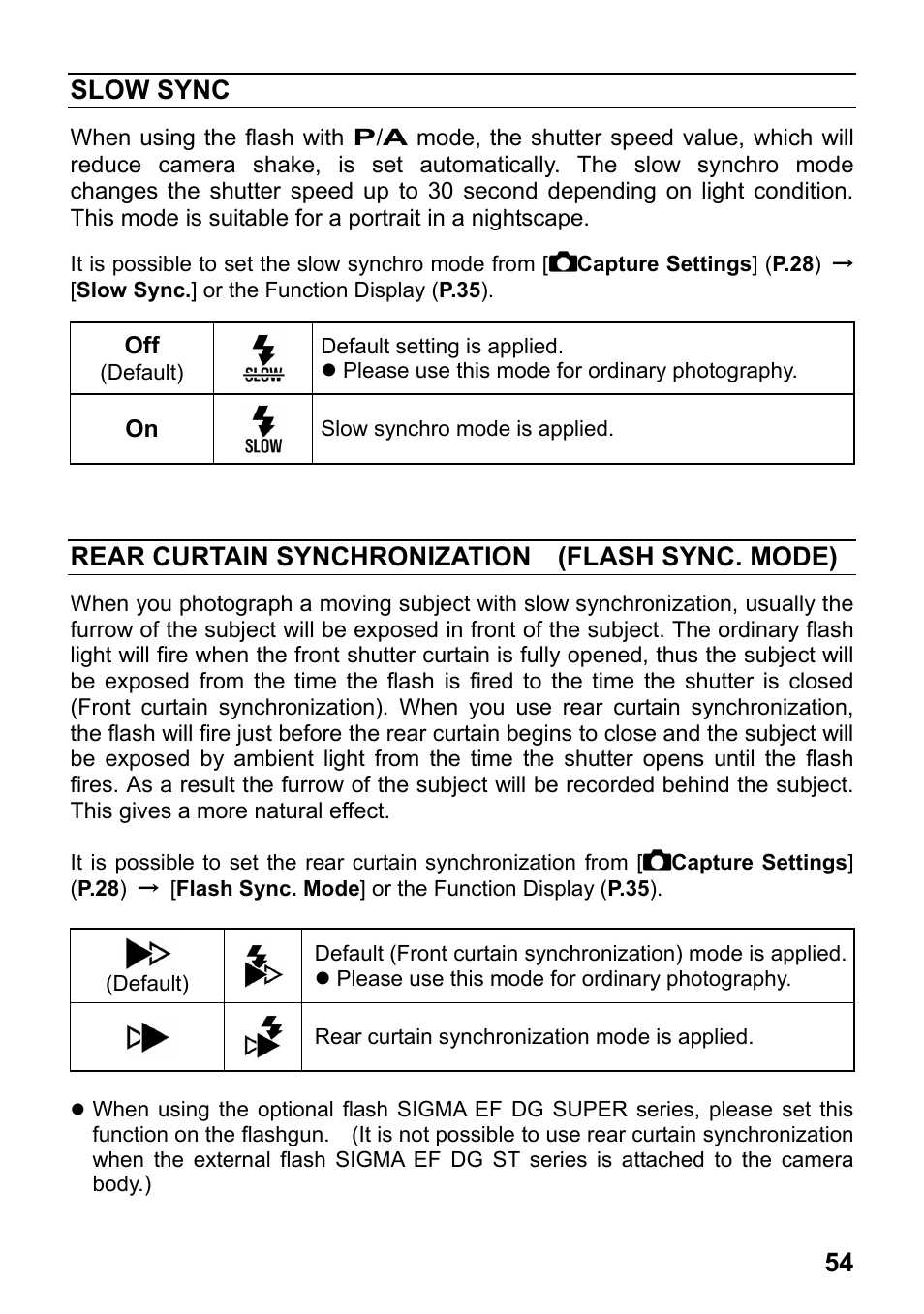 Slow sync, Rear curtain synchronization (flash sync. mode) | SIGMA SD1 User Manual | Page 55 / 129