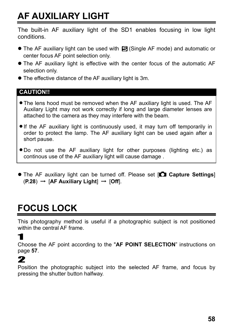 Af auxiliary light, Focus lock | SIGMA SD1 User Manual | Page 59 / 129