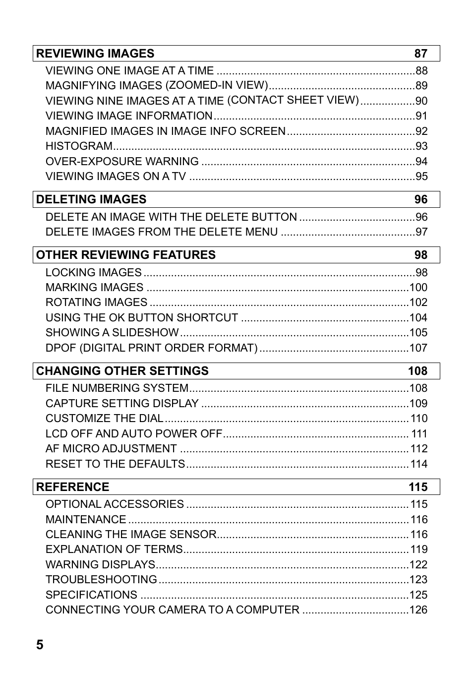 Reviewing images 87, Deleting images 96, Other reviewing features 98 | Changing other settings 108, Reference 115 | SIGMA SD1 User Manual | Page 6 / 129