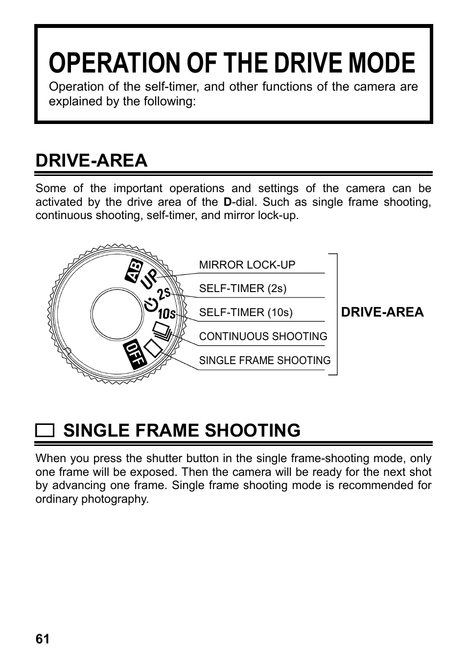Operation of the drive mode, Drive-area, Single frame shooting | SIGMA SD1 User Manual | Page 62 / 129