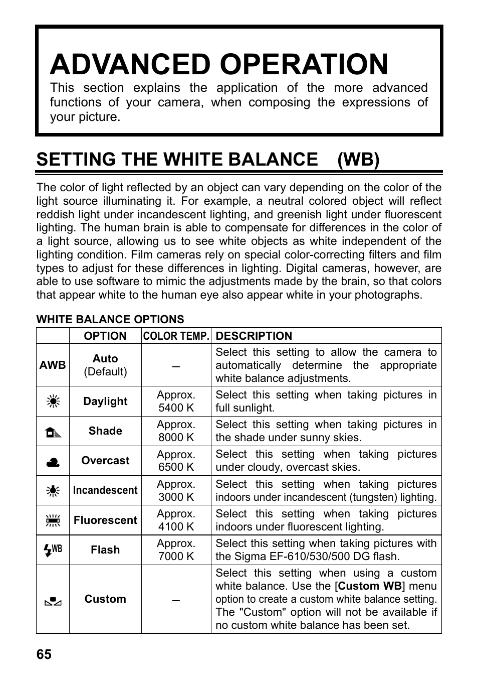 Advanced operation, Setting the white balance (wb) | SIGMA SD1 User Manual | Page 66 / 129