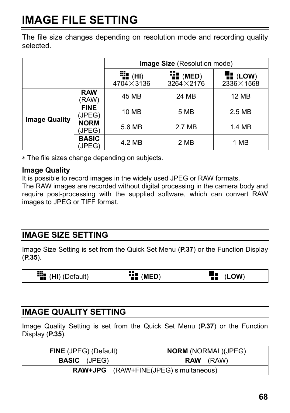 Image file setting, Image size setting, Image quality setting | SIGMA SD1 User Manual | Page 69 / 129