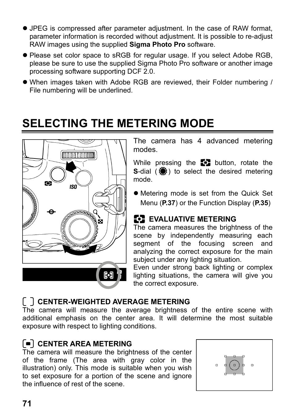 Selecting the metering mode | SIGMA SD1 User Manual | Page 72 / 129