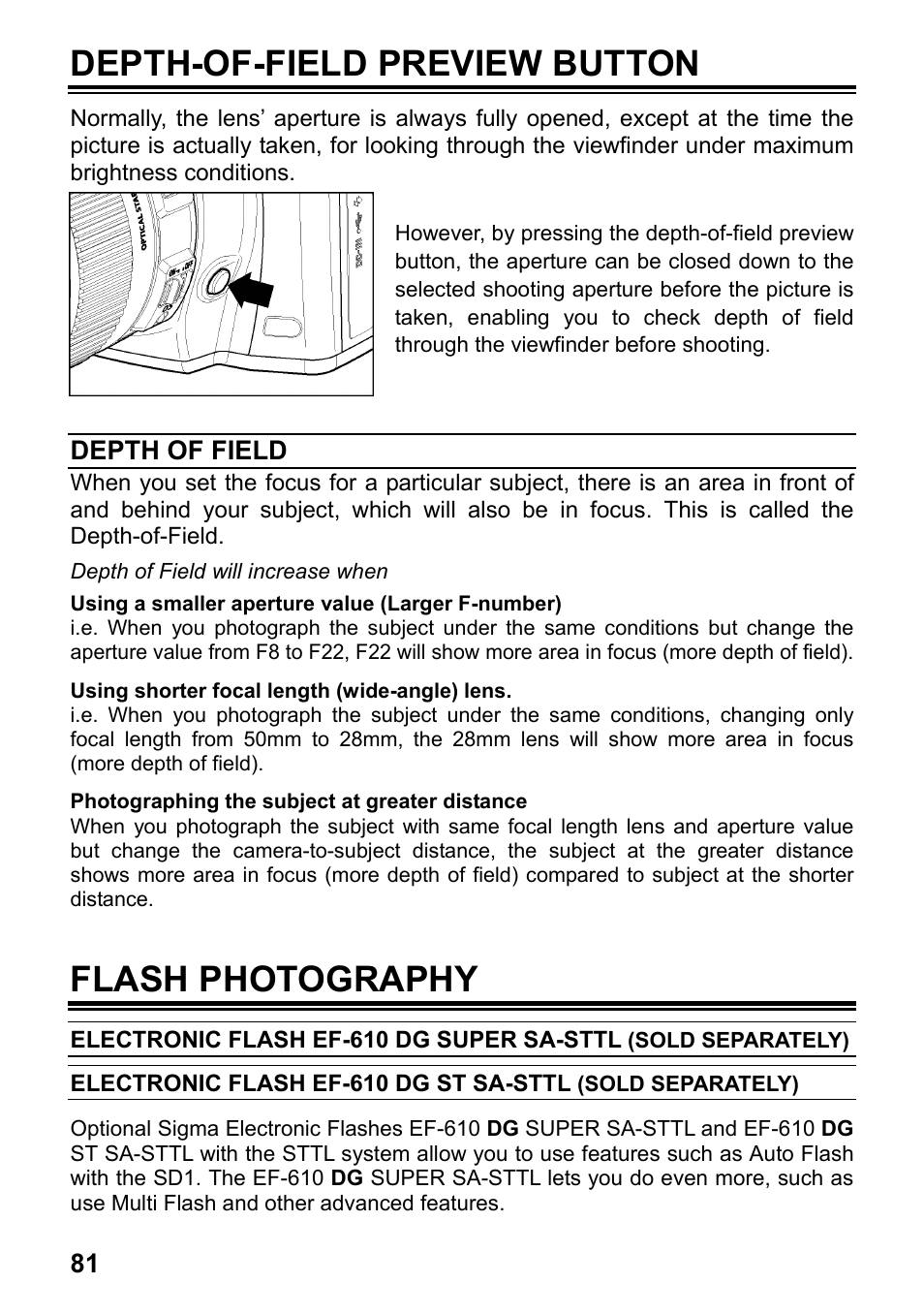 Depth-of-field preview button, Flash photography | SIGMA SD1 User Manual | Page 82 / 129