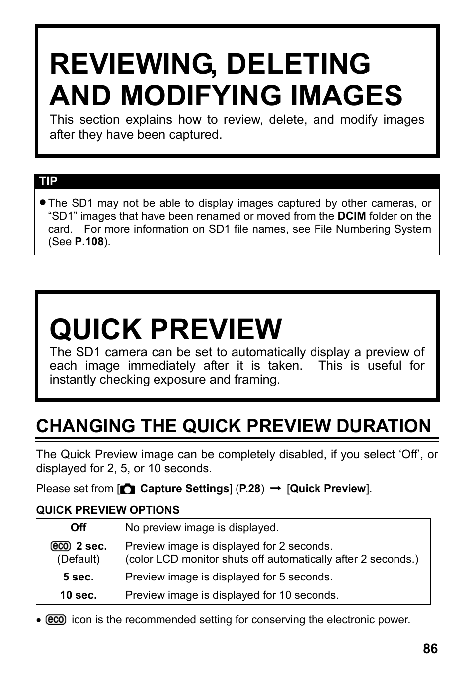 Reviewing, deleting and modifying images, Quick preview, Changing the quick preview duration | SIGMA SD1 User Manual | Page 87 / 129