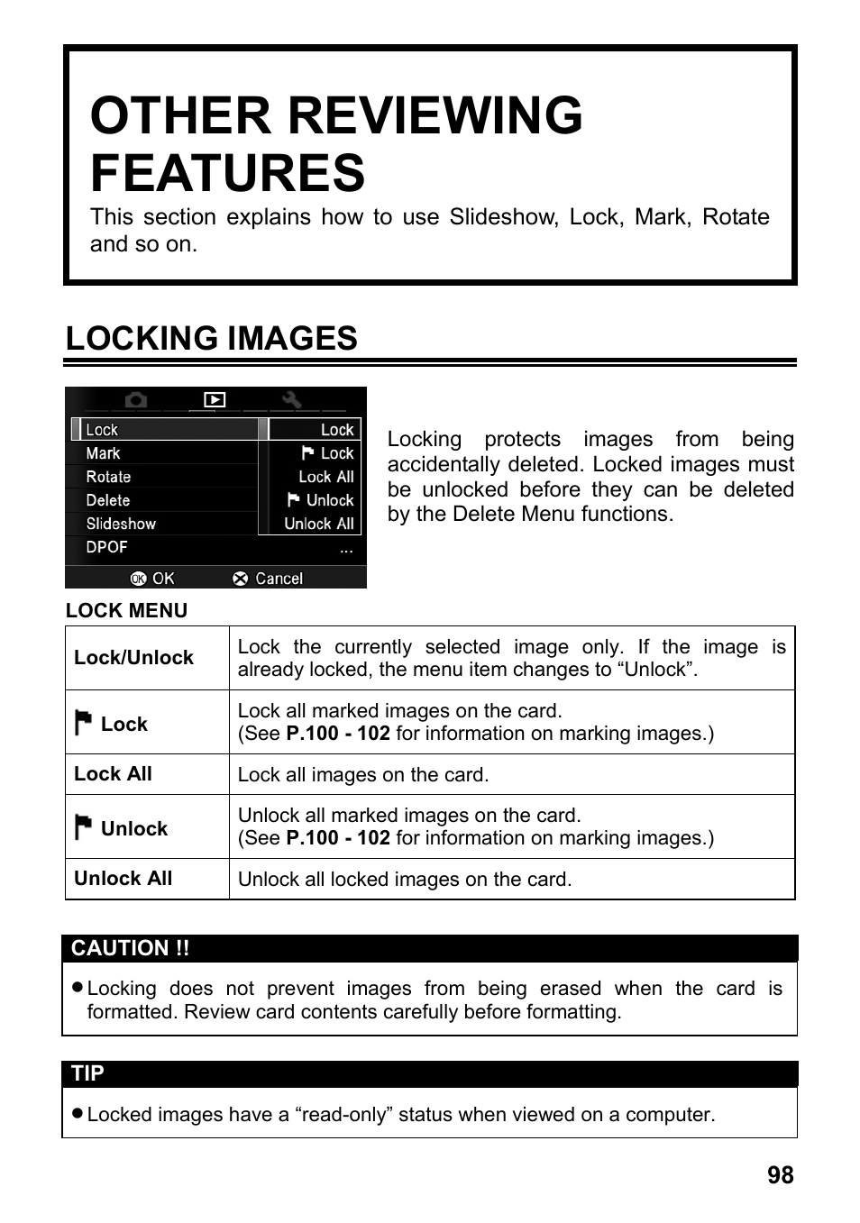 Other reviewing features, Locking images | SIGMA SD1 User Manual | Page 99 / 129