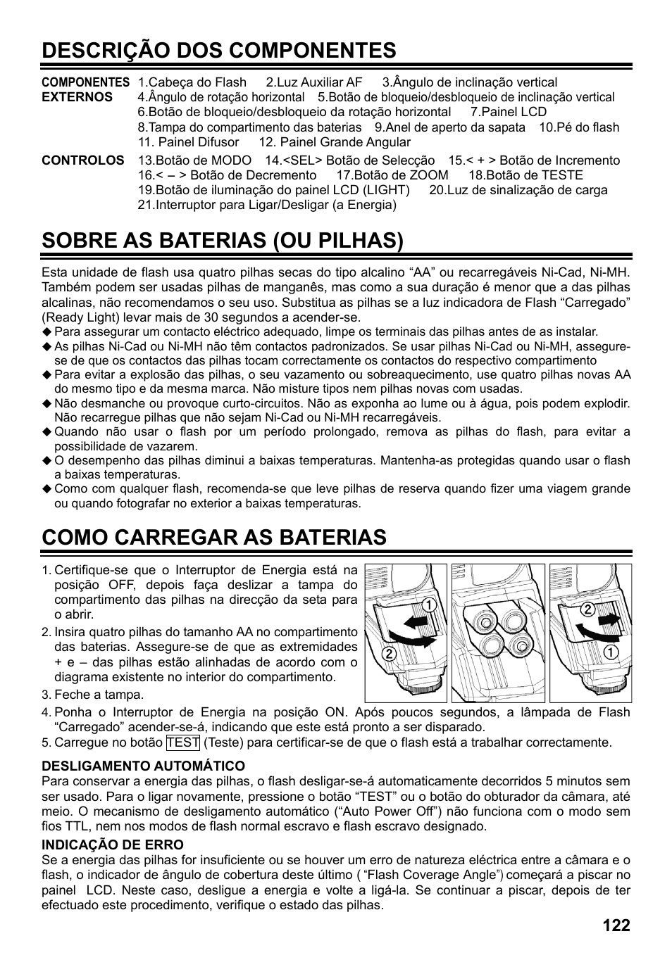 Descrição dos componentes, Sobre as baterias (ou pilhas), Como carregar as baterias | SIGMA ELECTRONIC FLASH EF-610 DG SUPER SA-STTL (シグマ用) User Manual | Page 123 / 136