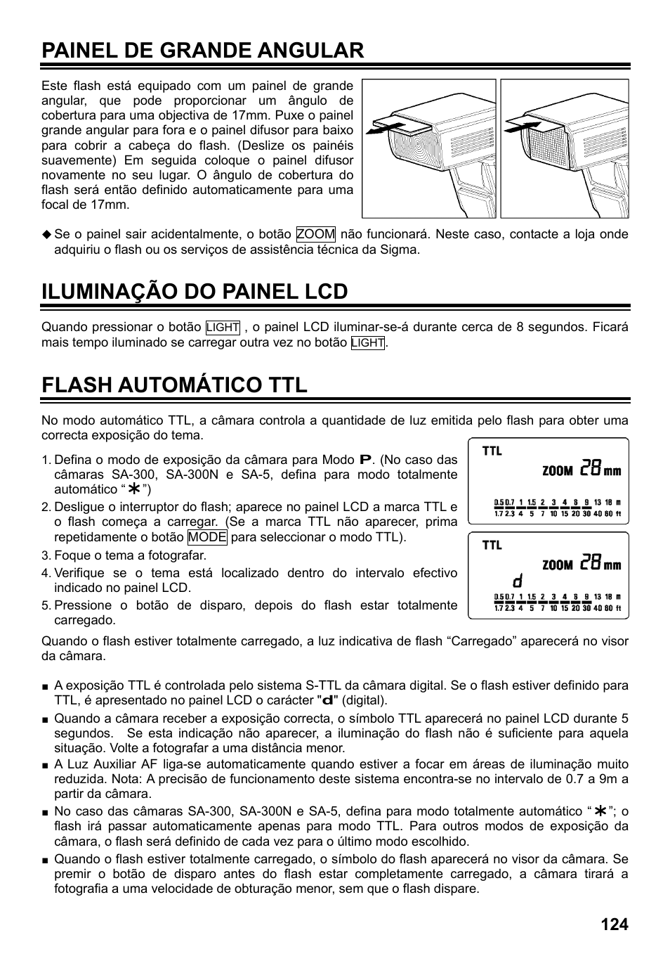 Painel de grande angular, Iluminação do painel lcd, Flash automático ttl | SIGMA ELECTRONIC FLASH EF-610 DG SUPER SA-STTL (シグマ用) User Manual | Page 125 / 136