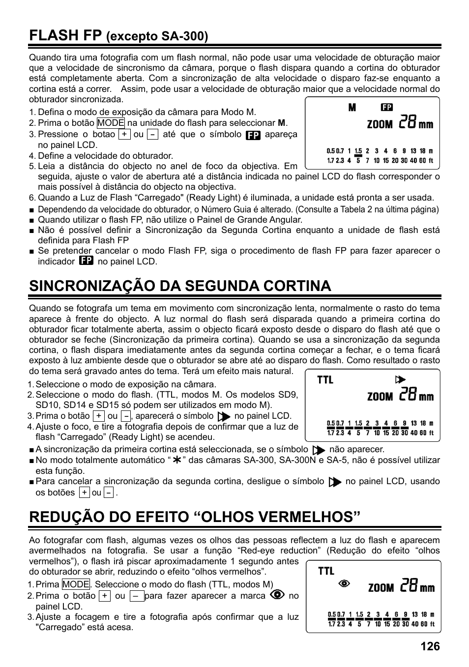 Flash fp, Sincronização da segunda cortina, Redução do efeito “olhos vermelhos | Excepto sa-300) | SIGMA ELECTRONIC FLASH EF-610 DG SUPER SA-STTL (シグマ用) User Manual | Page 127 / 136