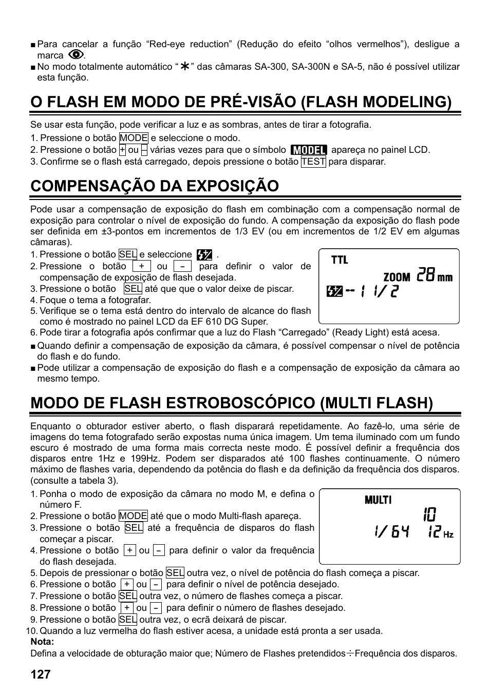 O flash em modo de pré-visão (flash modeling), Compensação da exposição, Modo de flash estroboscópico (multi flash) | SIGMA ELECTRONIC FLASH EF-610 DG SUPER SA-STTL (シグマ用) User Manual | Page 128 / 136